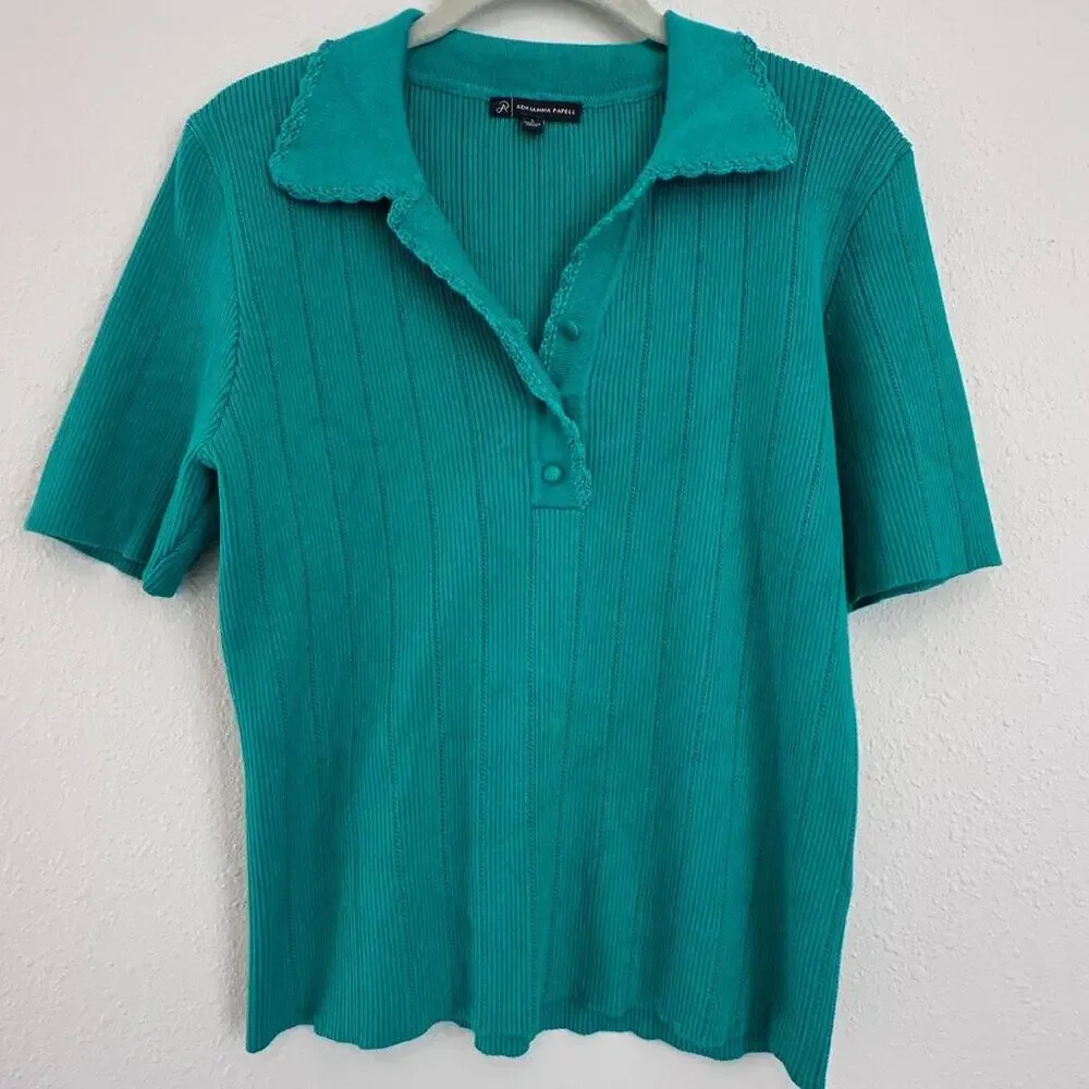 Adrianna Papell Rib Cable Short Sleeve Collar Sweater, Green, Size Medium - Picture 1 of 8